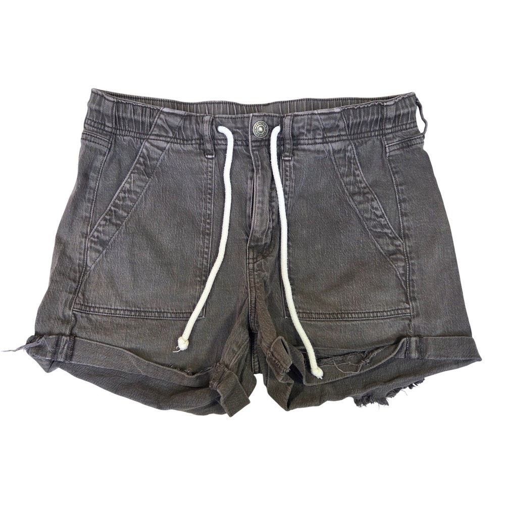 American Eagle Women 8 Faded Black Utility Shorts Elastic Drawstring Raw Hem